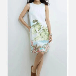 J Jill Love Linen Blue Beach Palm Tree Tropical Print Pockets Shift Dress sz.SP